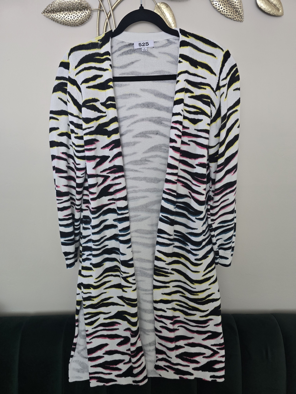 525 America White Open Cardigan with Black, Yellow, Pink & Blue Accents Size S